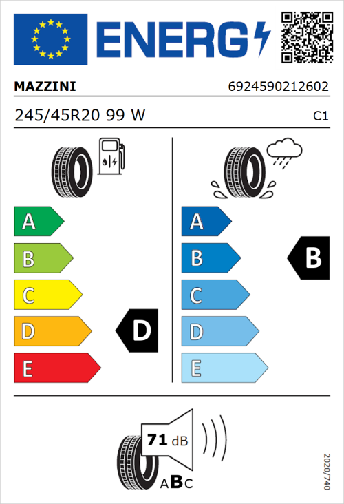 Tyre Label for Mazzini Eco 606 245/45R20 99W
