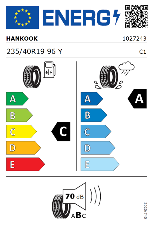 Tyre Label for Hankook Ventus S1 evo2 SUV K117 235/40R19 96Y