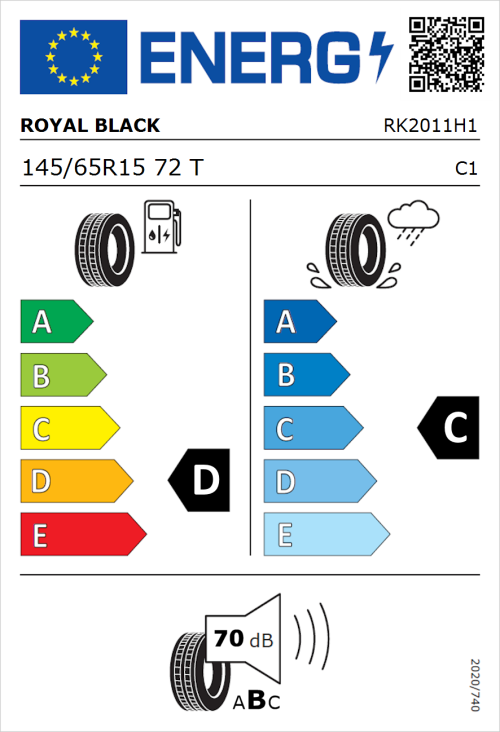 Tyre Label for Royal Black Royal Mile 145/65R15 72T