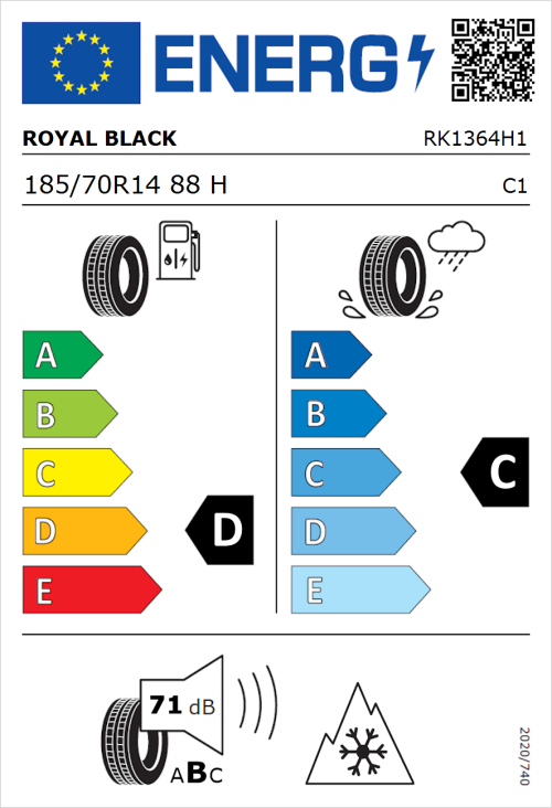 Tyre Label for Royal Black Royal A/S 185/70R14 88H
