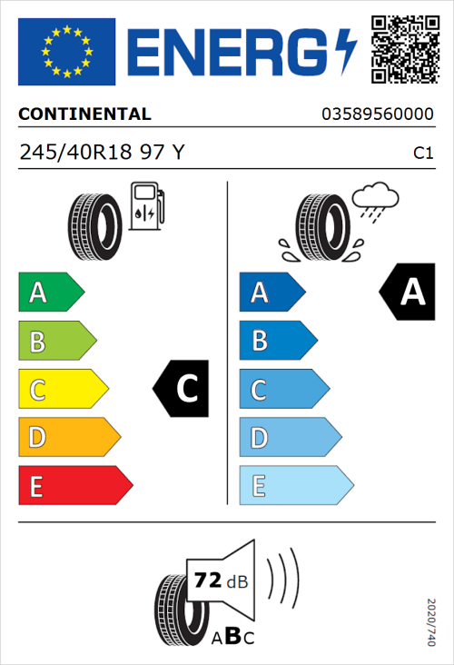 Tyre Label for Continental PremiumContact 6 245/40R18 97Y