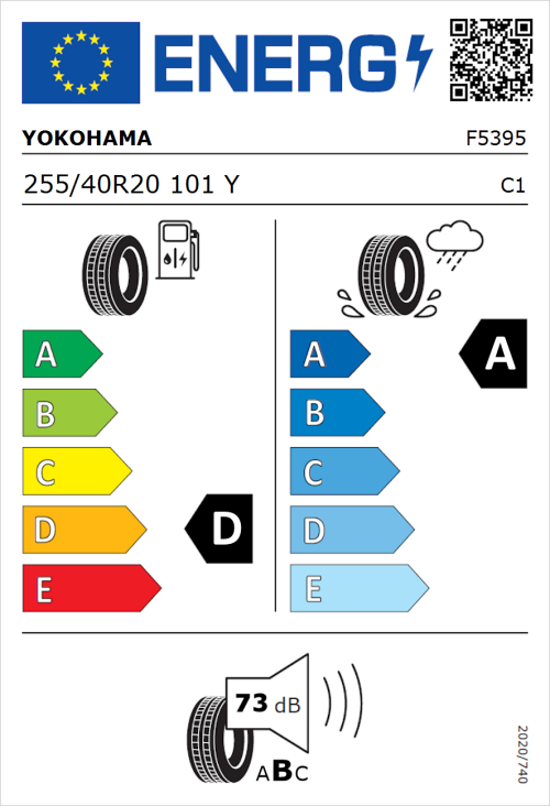 Tyre Label for Yokohama V105 255/40R20 101Y
